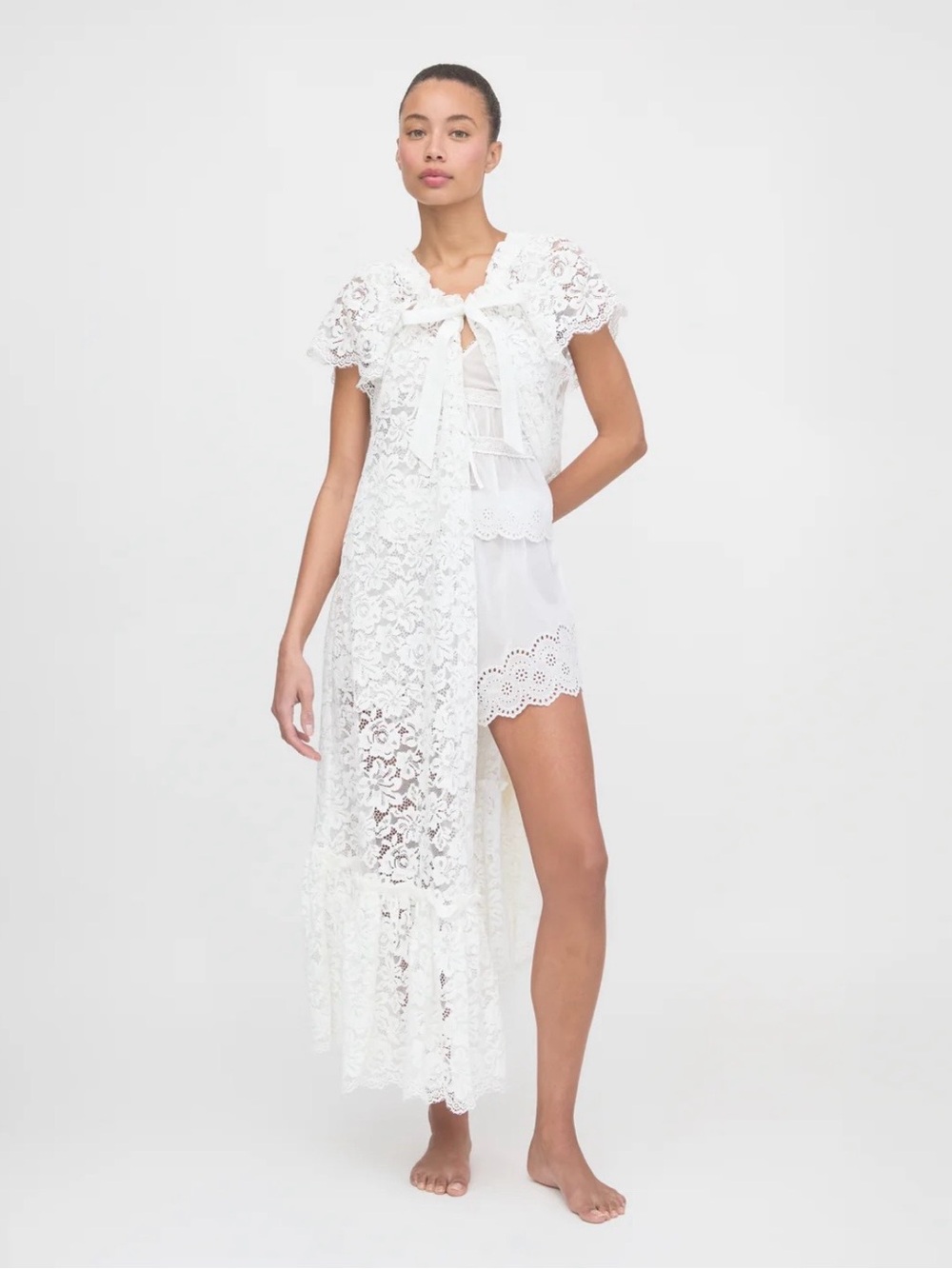 Hill House White Lace Robe with Eyelet Trim